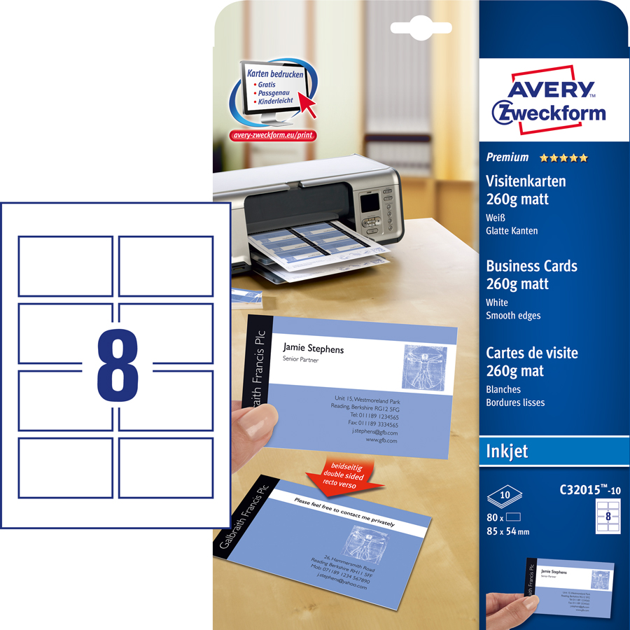 AVERY Zweckform Premium Visitenkarten 10 Bl. C32015-10 8,5 x 5,4 cm matt weiß
