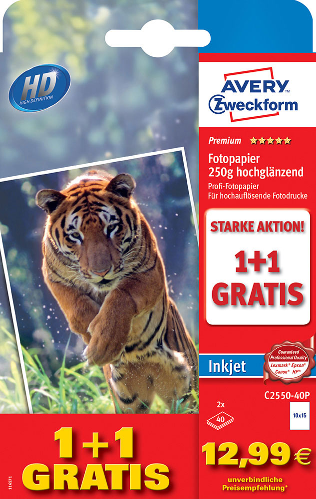 AVERY Zweckform Inkjet Fotopapier Premium ”C2550-40P” 1+1 gratis DIN A6 2x40 Blatt 250 g weiß PAGRO
