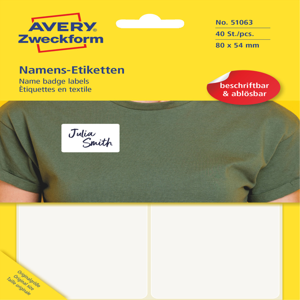 Namensetiketten auf gelbem Hintergrund. Eine Etikette zeigt den Namen Julia Smith.