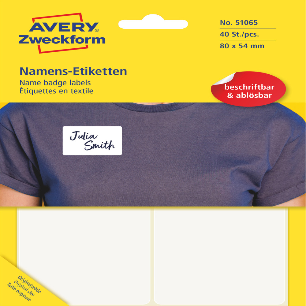 Packung mit Namensetiketten von Avery. Enthält 40 beschriftbare Etiketten in weiß.