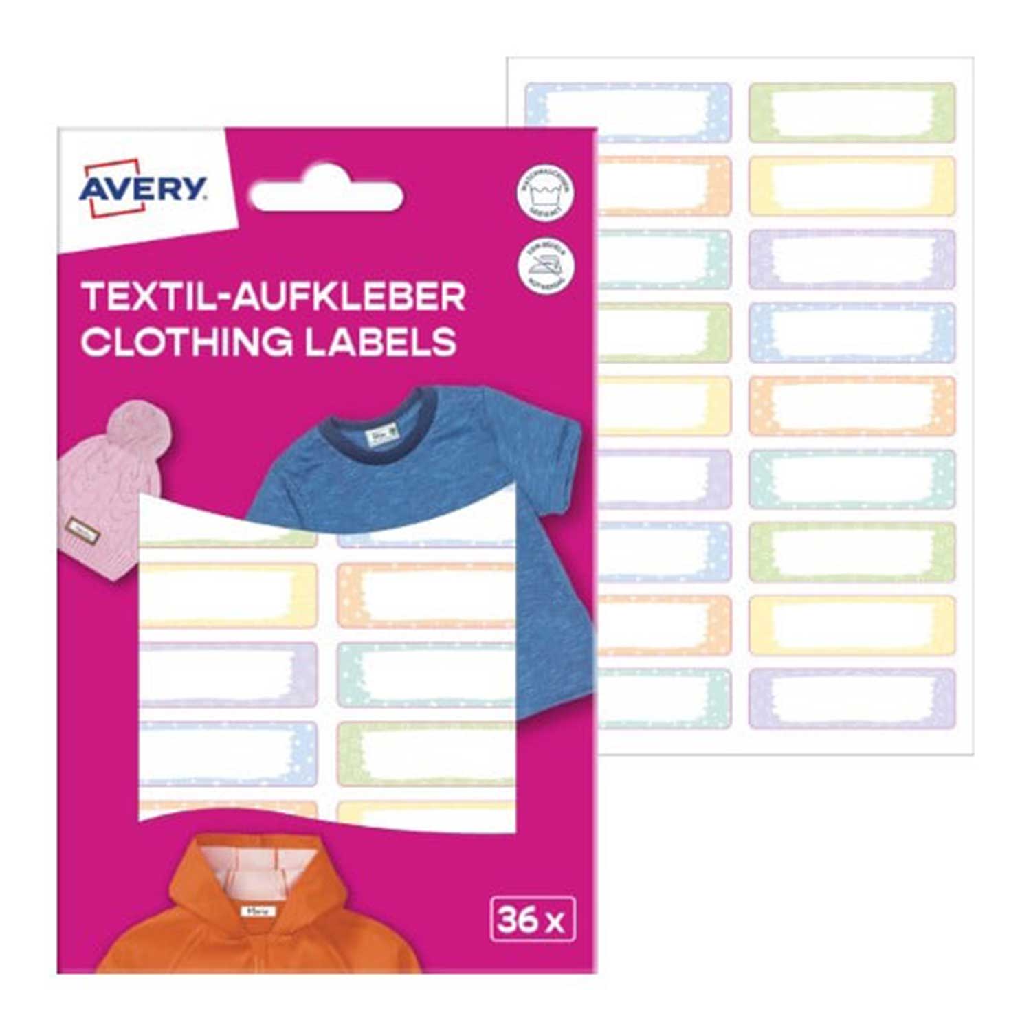 AVERY Zweckform Textil-Aufkleber pastell 36 Etiketten / 2 Bögen