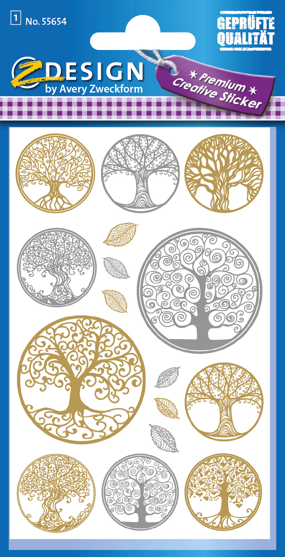 Stickerbogen mit verschiedenen Baum-Motiven in Gold und Silber. Enthält auch einige Blätter.