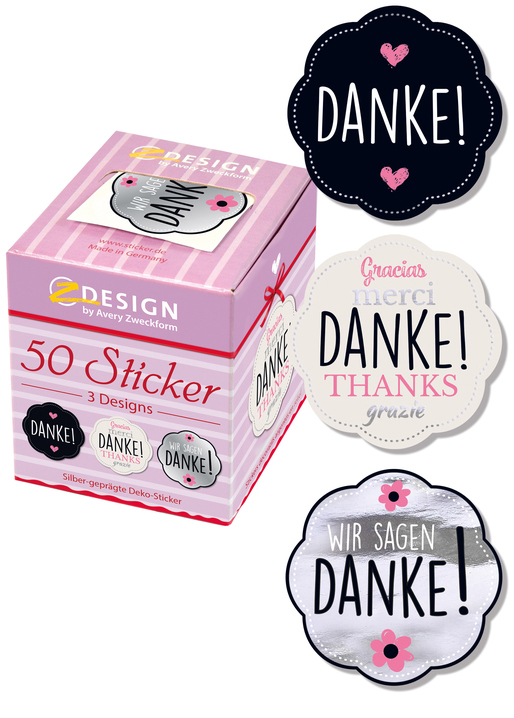 Packung mit 50 Dankesstickern. Drei Designs. Farben: Schwarz, Weiß, Pink. Texte: 'Danke!', 'Thanks!', 'Wir sagen Danke!'.