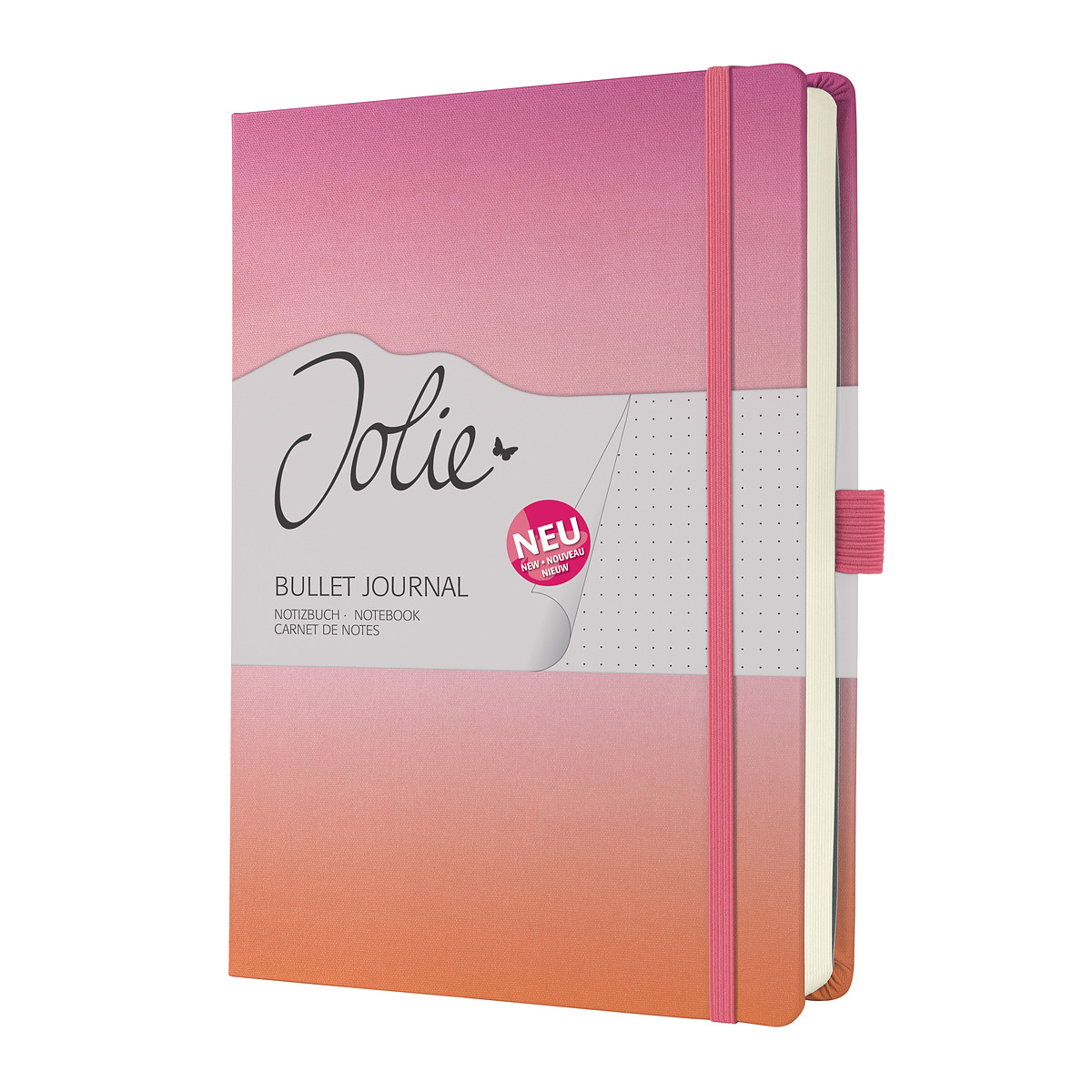 Bullet Journal von Jolie in einem Farbverlauf von Pink zu Orange. Mit einem elastischen Verschluss und gepunktetem Innenteil.