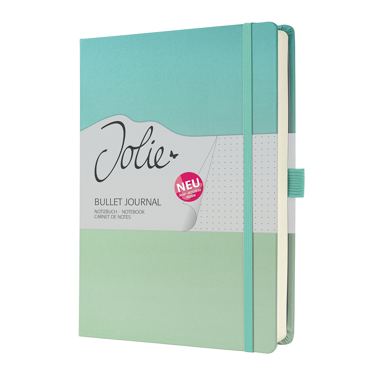Türkisfarbenes Bullet Journal mit einem weißen Deckel. Auf dem Cover steht 'Jolie Bullet Journal' und es hat ein elastisches Band.