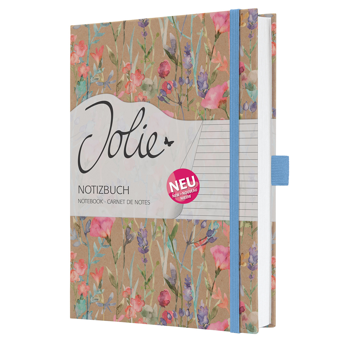 Notizbuch mit floralem Design in sanften Farben. Titel Jolie und Aufschrift Notizbuch auf der Vorderseite.