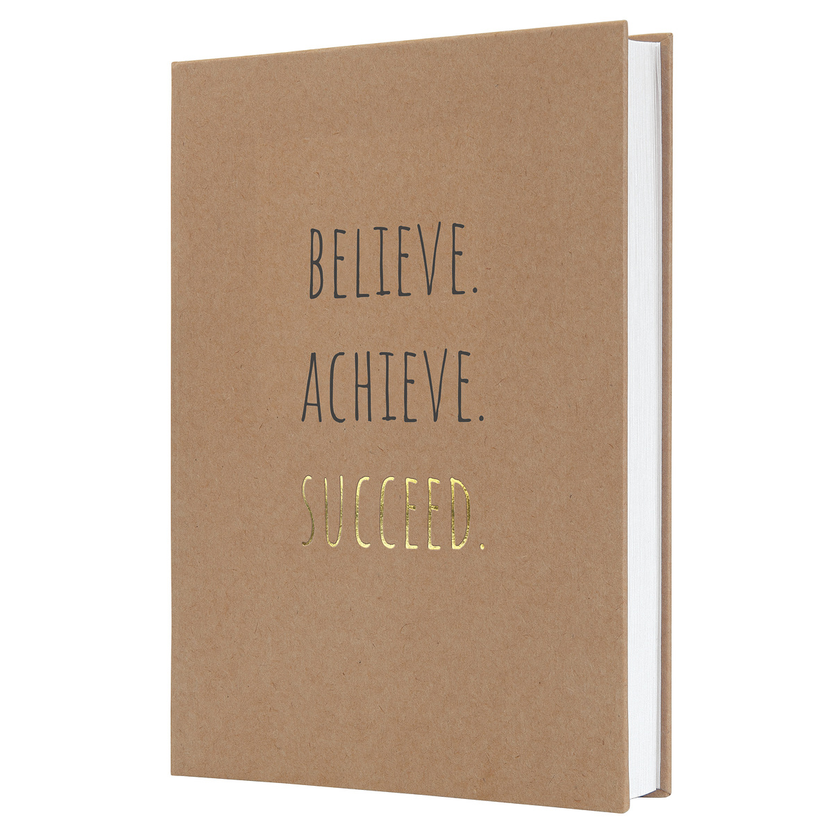 Braunes Notizbuch mit dem Titel 'Believe. Achieve. Succeed.' in goldener Schrift. Einfaches, minimalistisches Design.