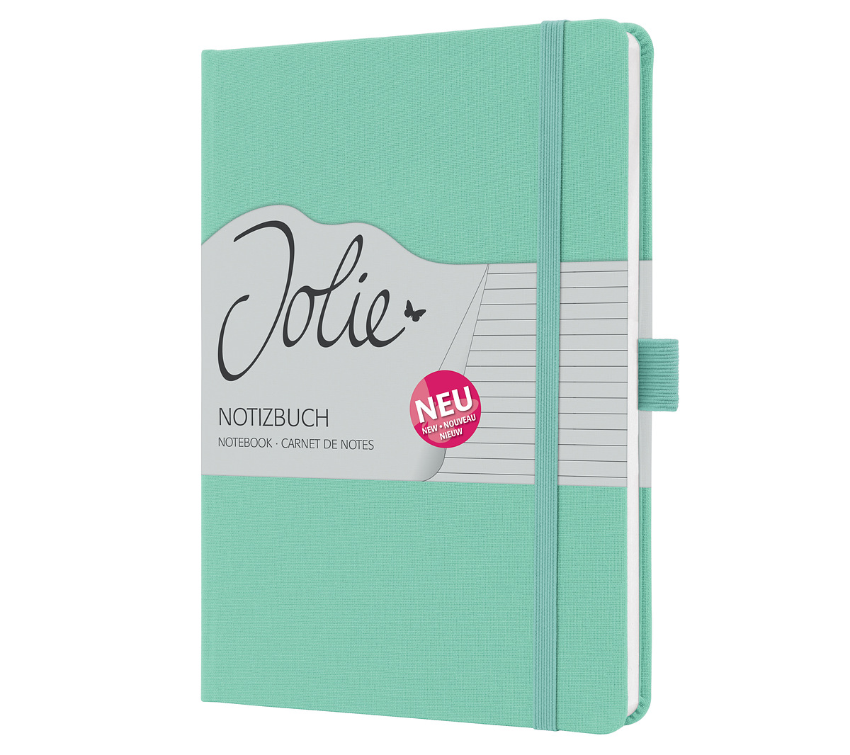 Mintgrünes Notizbuch mit elastischem Verschluss. Auf dem Cover steht 'Jolie Notizbuch' und 'NEU'.