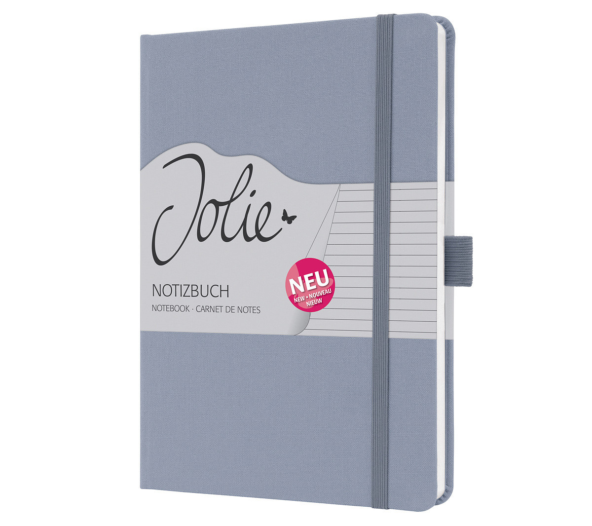 Graues Notizbuch mit elastischem Verschluss. Auf dem Cover steht 'Jolie Notizbuch' und ein rotes 'NEU'-Schild.