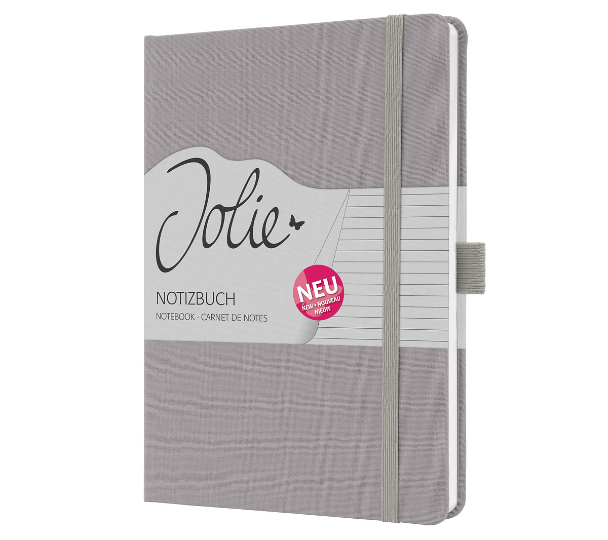 Graues Notizbuch mit elastischem Verschluss. Auf dem Cover steht 'Jolie Notizbuch' und ein Aufkleber mit 'NEU'.