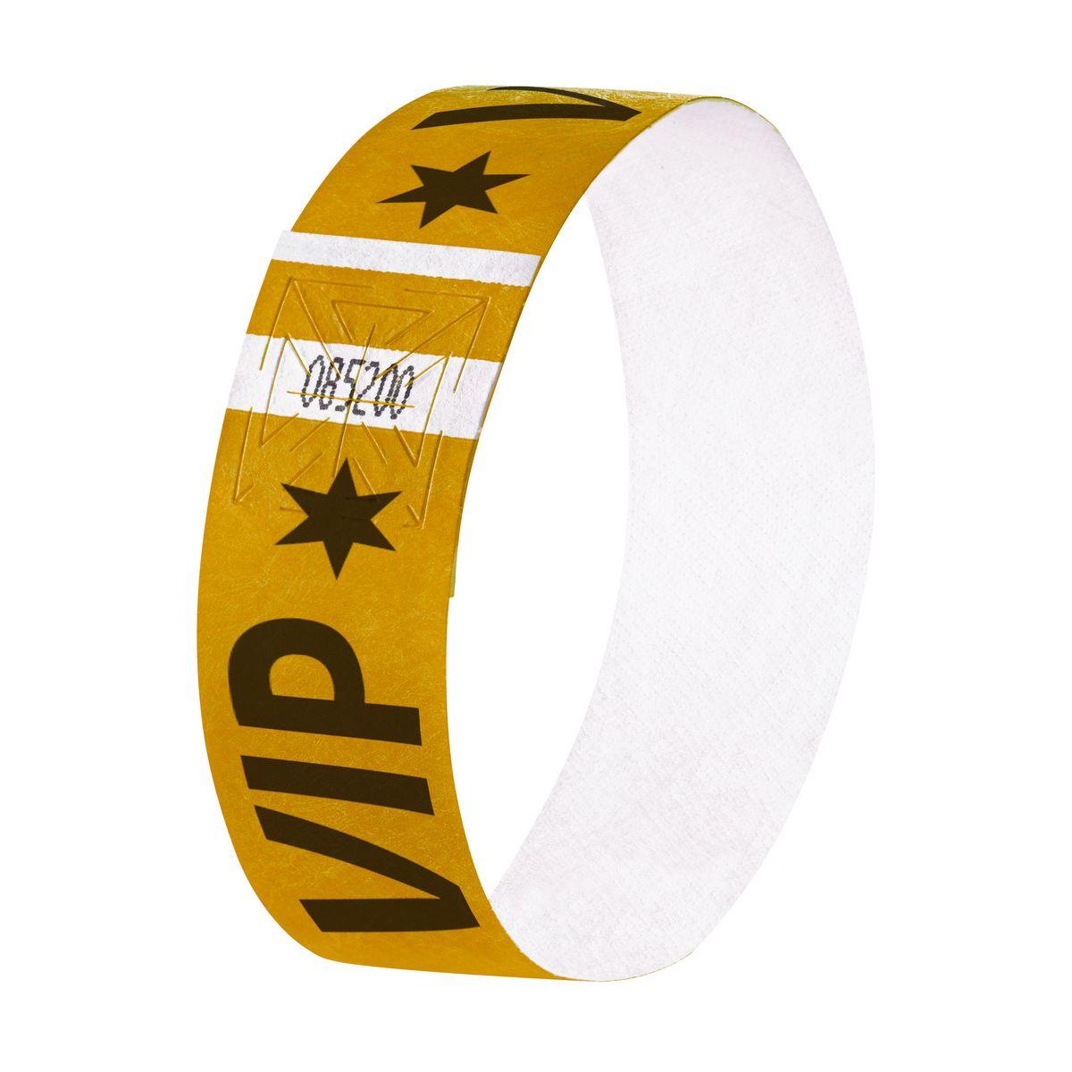 Gelbes VIP-Armband mit schwarzen Sternen und dem Schriftzug VIP. Es hat eine weiße Markierung.