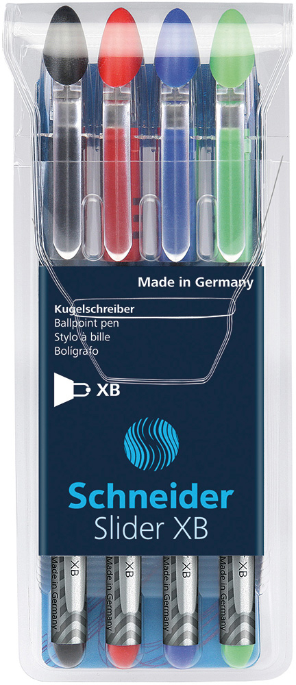 Set mit vier Kugelschreibern in verschiedenen Farben: Schwarz, Rot, Blau und Grün. Verpackung transparent mit blauer Unterlage.