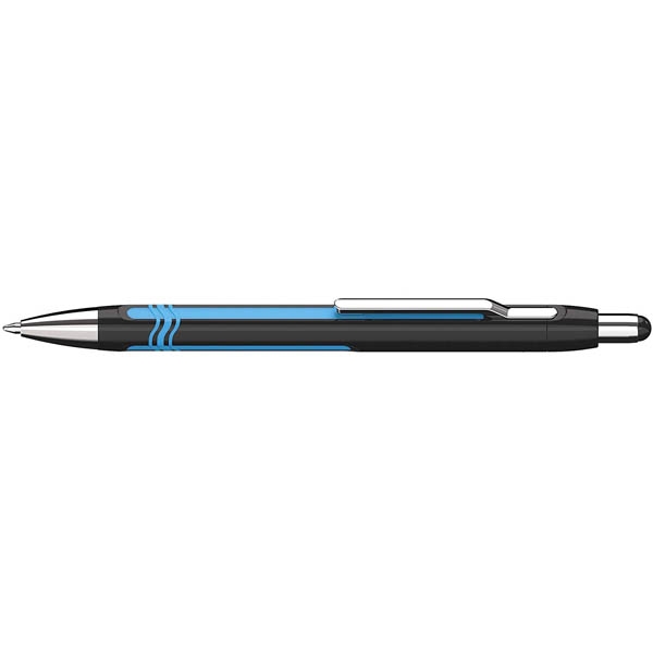 schwarzer Kugelschreiber mit blauen Akzenten. Metallische Spitze und Clip. Schlichtes Design.