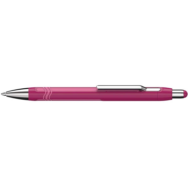 pinkfarbener Kugelschreiber mit silberner Spitze und Clip. Glatte Oberfläche, runde Form.