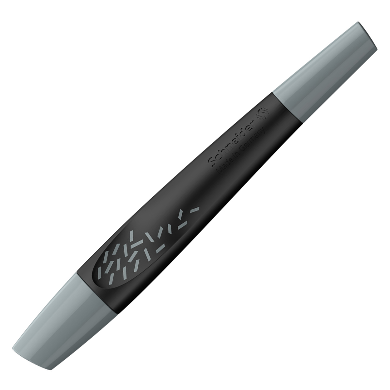 Schwarzer Stift mit grauem Deckel. Ergonomisches Design, einfache Handhabung.