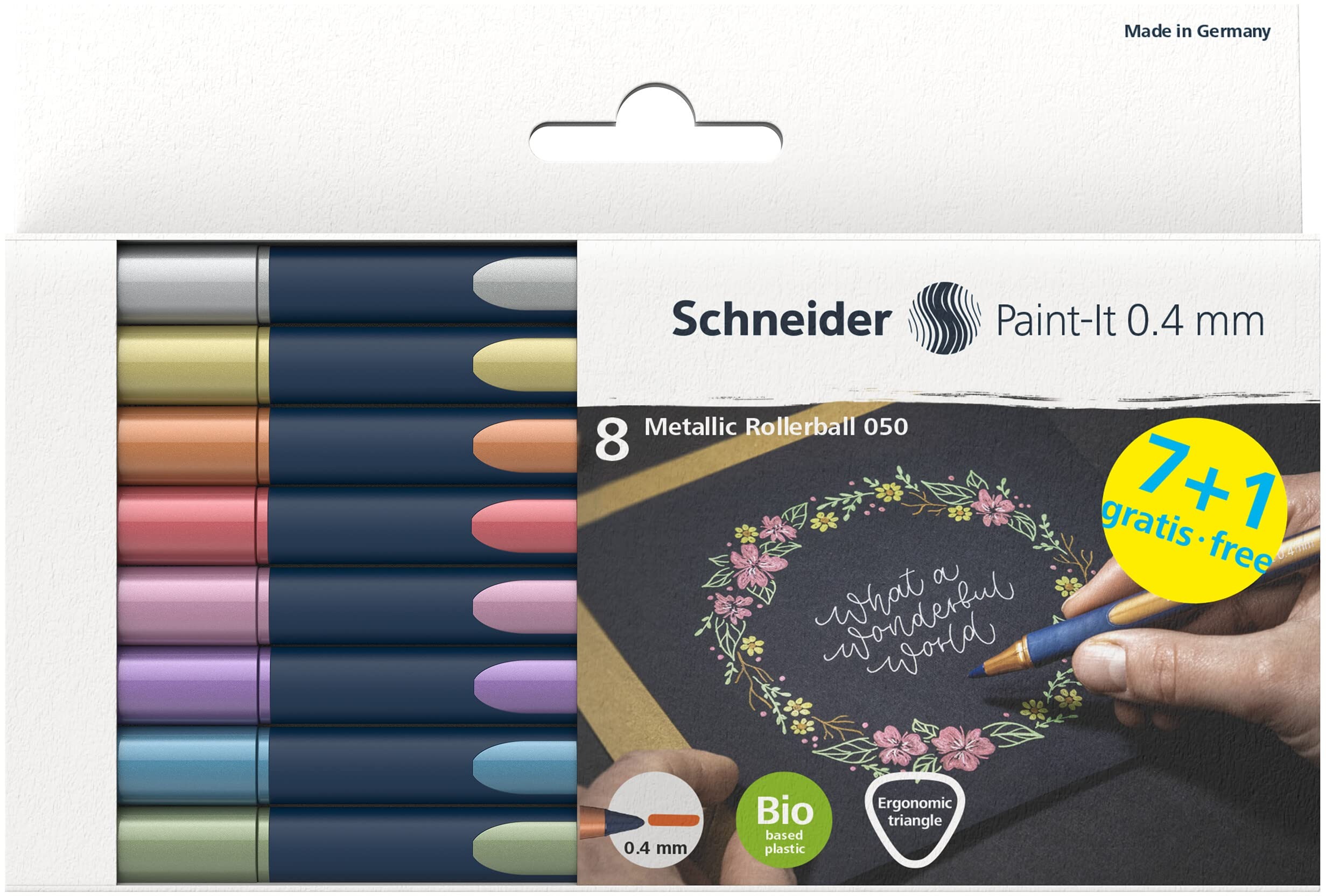 Set von acht metallic Rollerball-Stiften in verschiedenen Farben. Verpackung zeigt eine handschriftliche Gestaltung auf schwarzem Hintergrund.