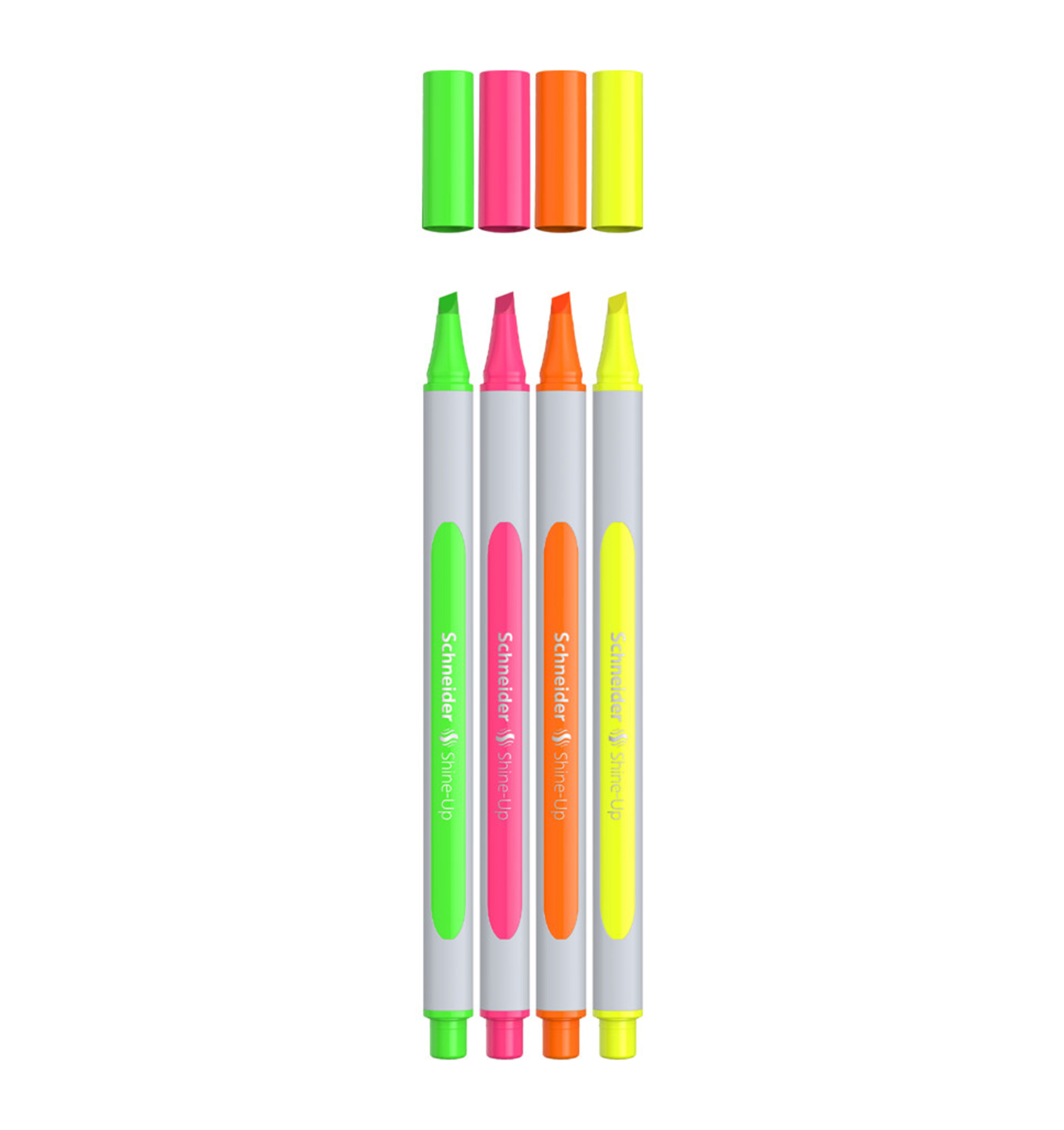 Vier Textmarker in leuchtenden Farben grün, pink, orange und gelb. Dazu gehören passende Kappen in denselben Farben.