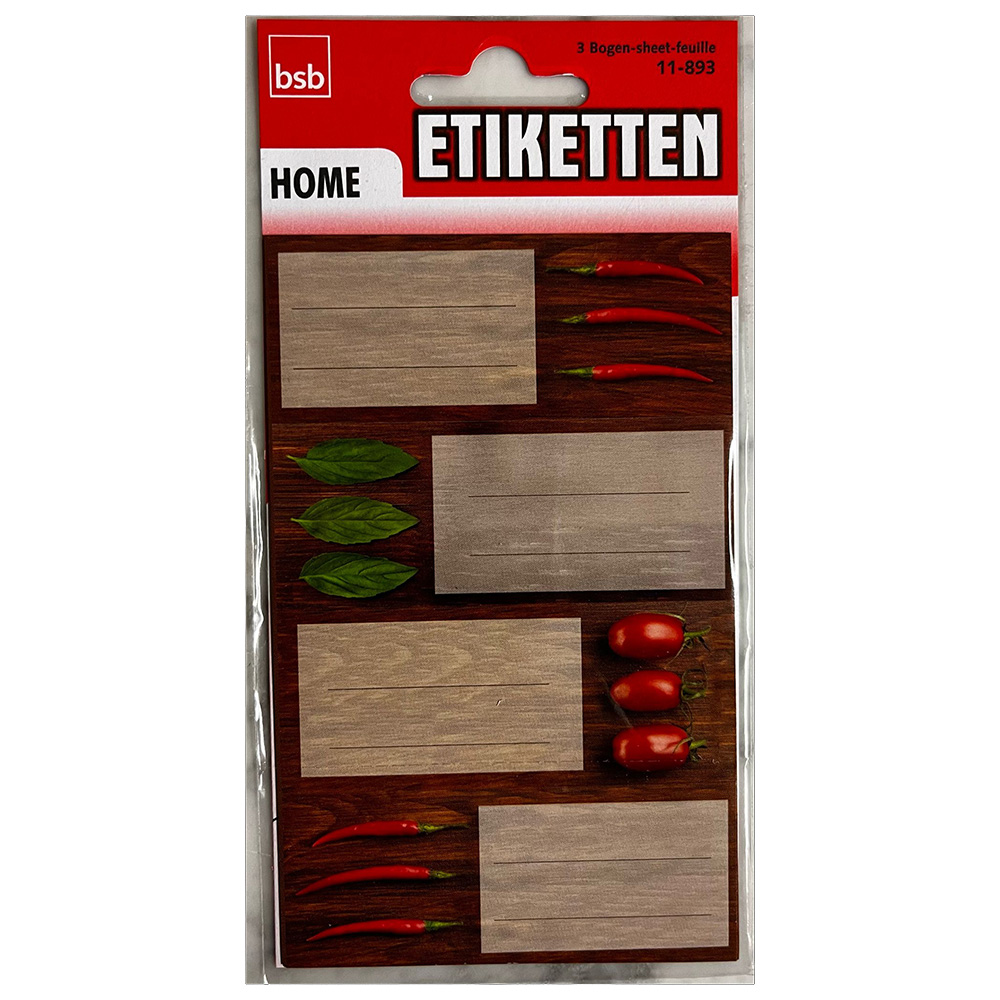 Etikettenbogen mit drei Bögen. Enthält beschriftbare Etiketten mit Chili und Basilikum Motiven.