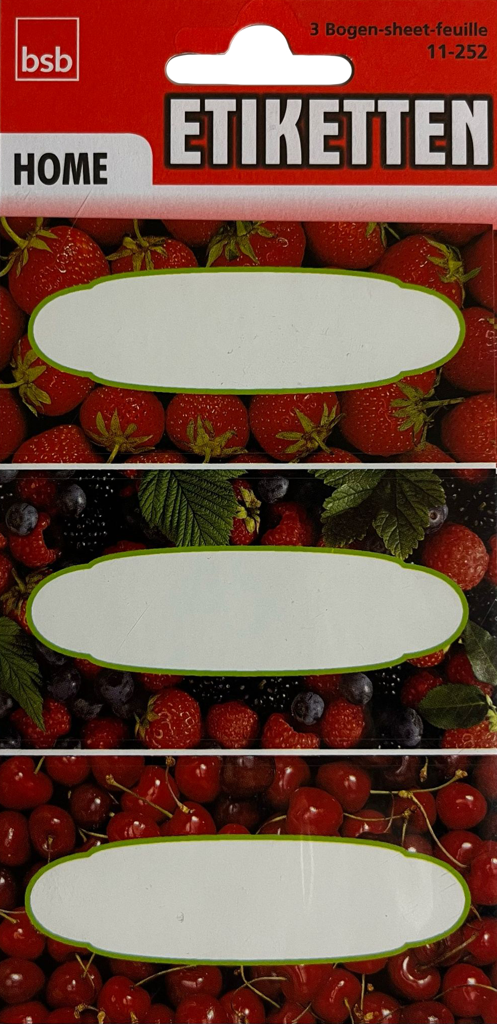 Etikettenbögen mit drei verschiedenen Designs. Oben Erdbeeren, Mitte gemischte Beeren, unten Kirschen. Weiße Beschriftungsfelder.
