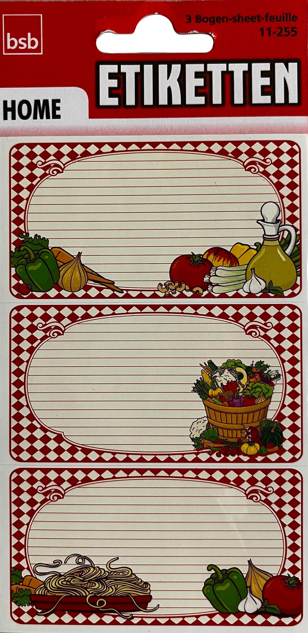 Drei Bogen mit Etiketten für Lebensmittel. Illustrationen von Gemüse und Pasta am Rand.