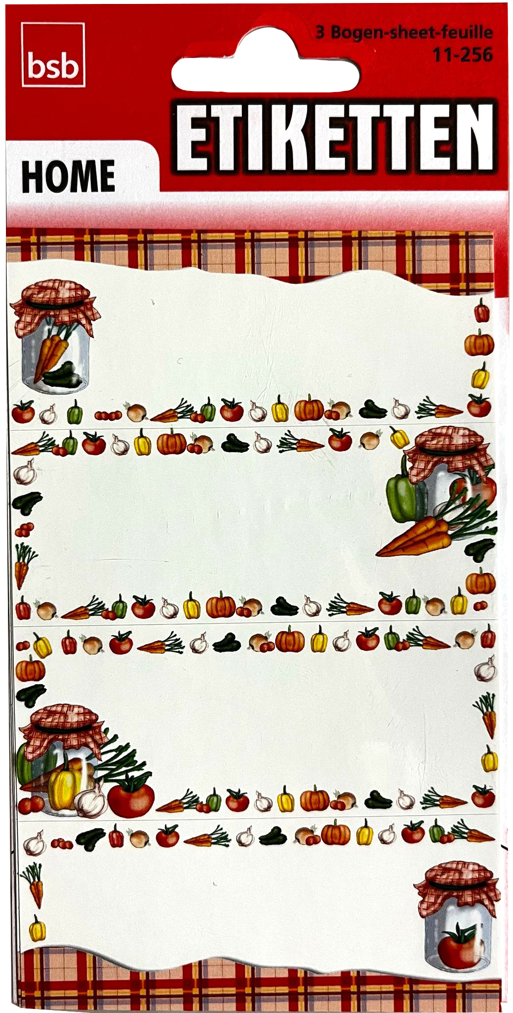 Etikettenbogen mit bunten Gemüseillustrationen. Hintergrund in kariertem Muster.