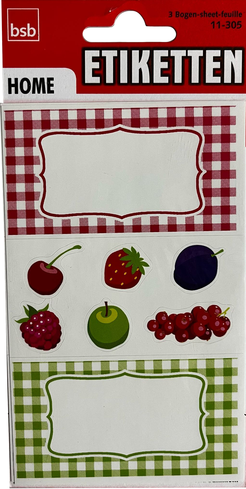 Drei Bogen mit Etiketten. Oben rot-weiß kariert, leerer Bereich zum Beschriften. Unten bunte Obstillustrationen: Kirsche, Erdbeere, Pflaume, grüne Apfel, Himbeere, rote Trauben.