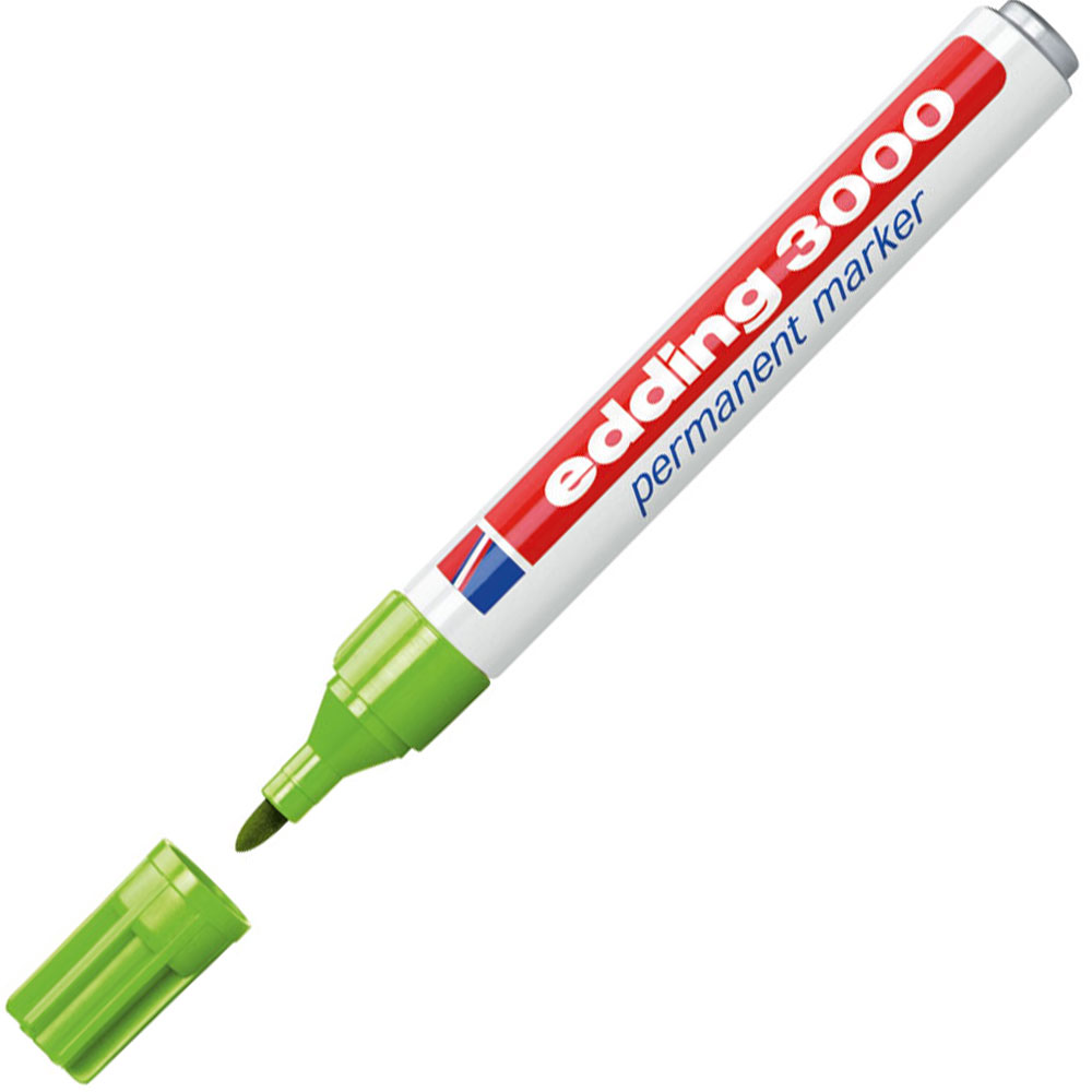 grüner Permanentmarker mit Kappe. Markierung 'edding 3000' auf dem Körper. Spitze ist schmal.