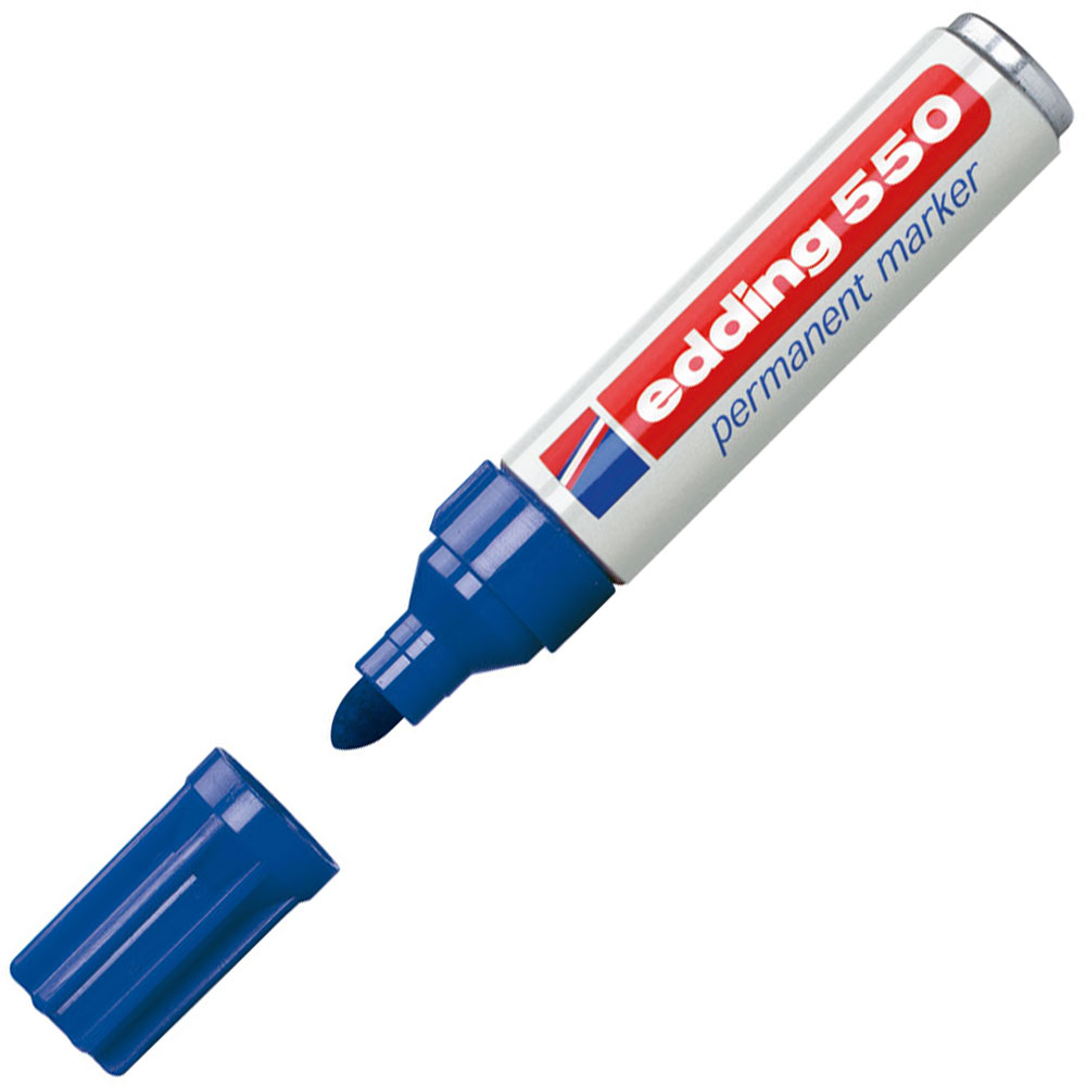 blauer permanenter Marker mit abnehmbarer Kappe. Die Spitze ist rund und dick.