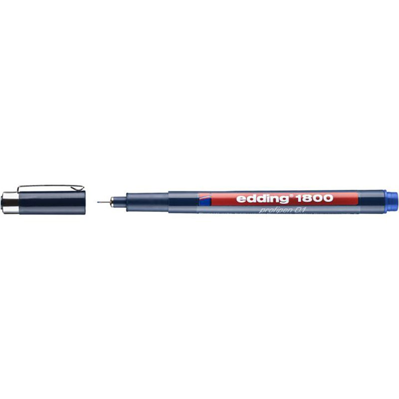 blauer Edding 1800 Fineliner mit rotem Schriftzug. Kappe abgenommen. Spitze sichtbar.