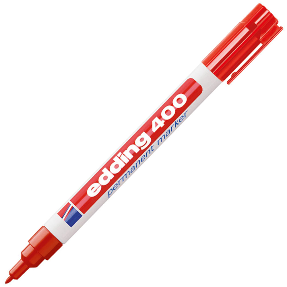 roter permanenter Marker mit breiter Spitze. Auf dem Körper steht 'edding 400' und 'permanent marker'.