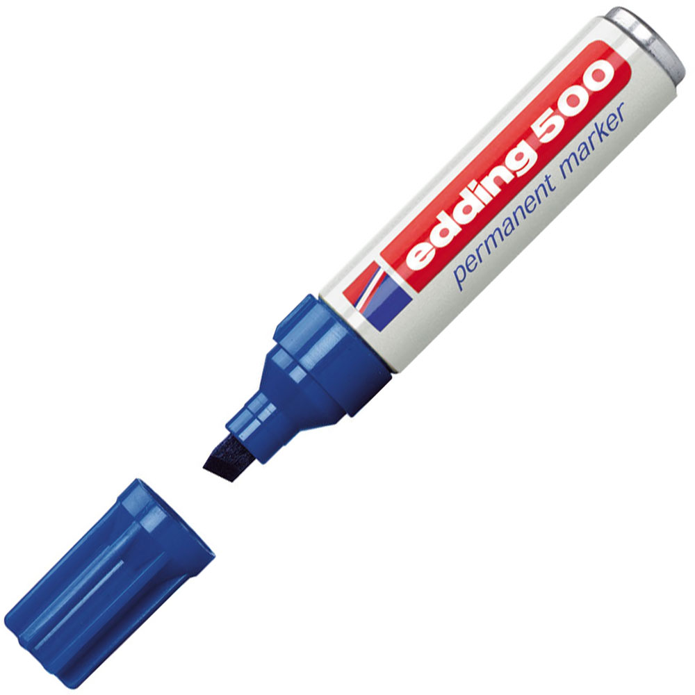 blauer Permanentmarker mit abgerundeter Spitze. Kappe ist abgenommen. Aufschrift 'edding 500'.
