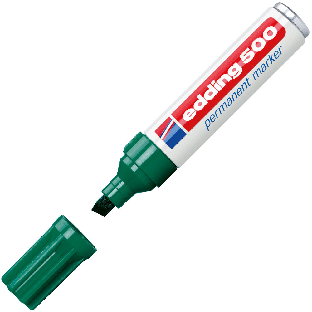 Grüner Permanentmarker mit einer breiten Spitze. Der Marker hat eine weiße Verpackung mit rotem und blauem Schriftzug.