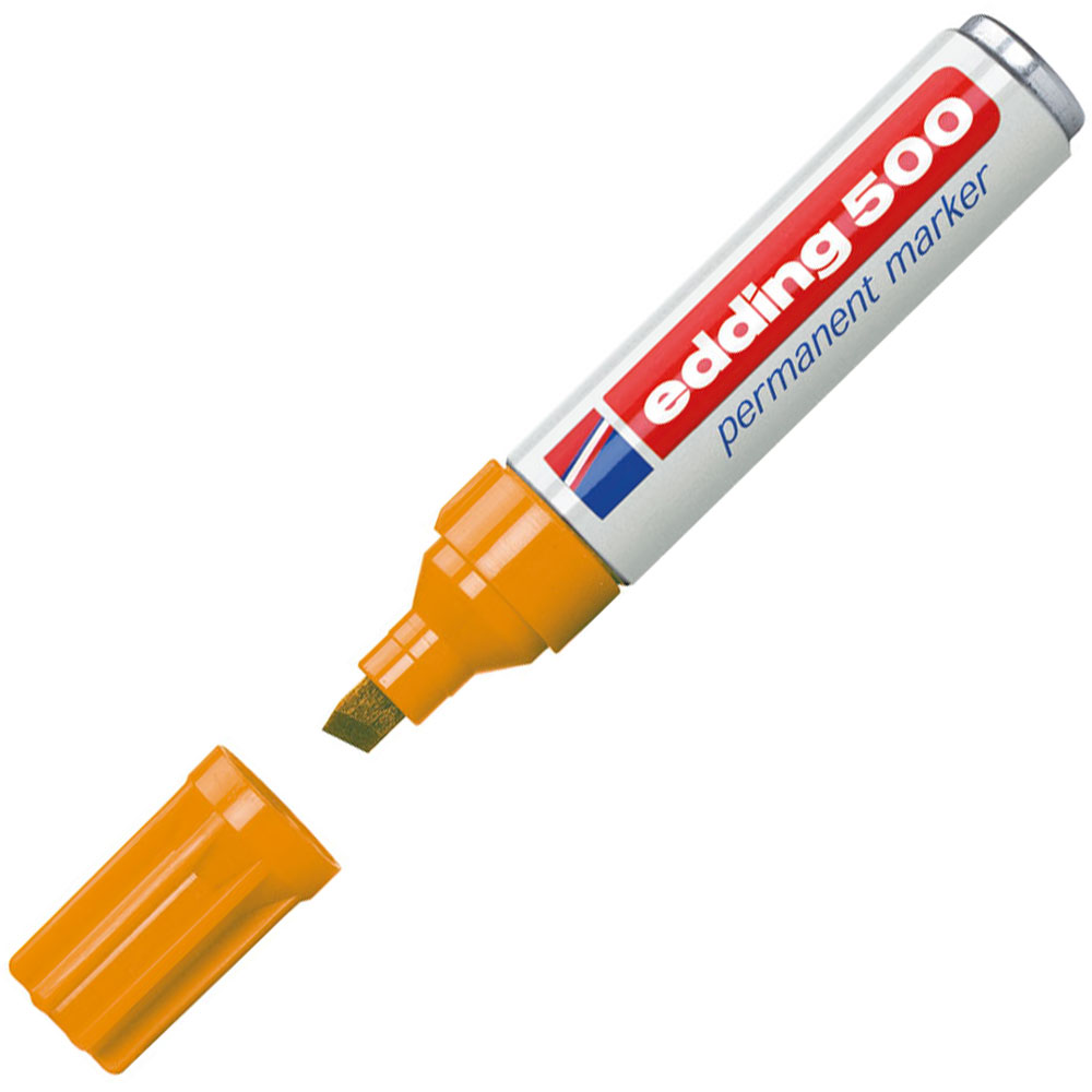 Oranger Permanentmarker mit breiter Spitze. Der Deckel ist abgenommen.
