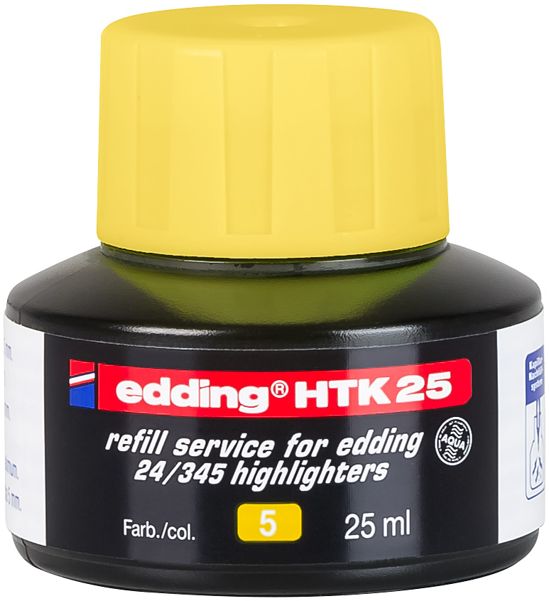 Schwarze Flasche mit gelbem Deckel. Edding HTK 25, Nachfüllservice für Edding 24/345 Textmarker. Inhalt 25 ml.