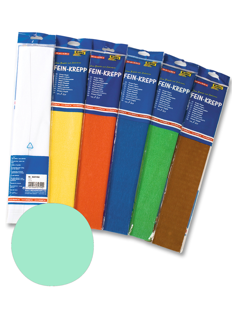Sechs Packungen Krepppapier in verschiedenen Farben: Weiß, Gelb, Orange, Blau, Grün und Braun. Jede Packung enthält eine Rolle.