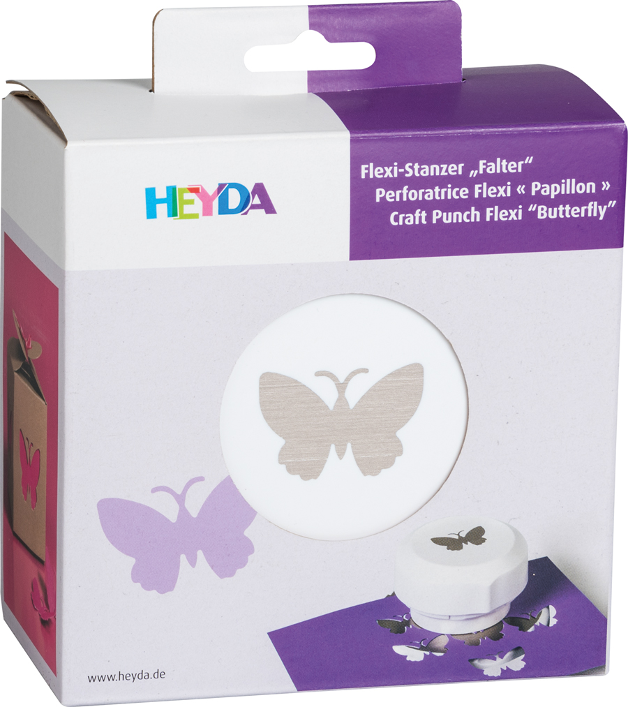 Verpackung für einen Flexi-Stanzer in Form eines Schmetterlings. Weißer Karton mit buntem Logo. Abbildung eines Schmetterlings auf der Vorderseite.