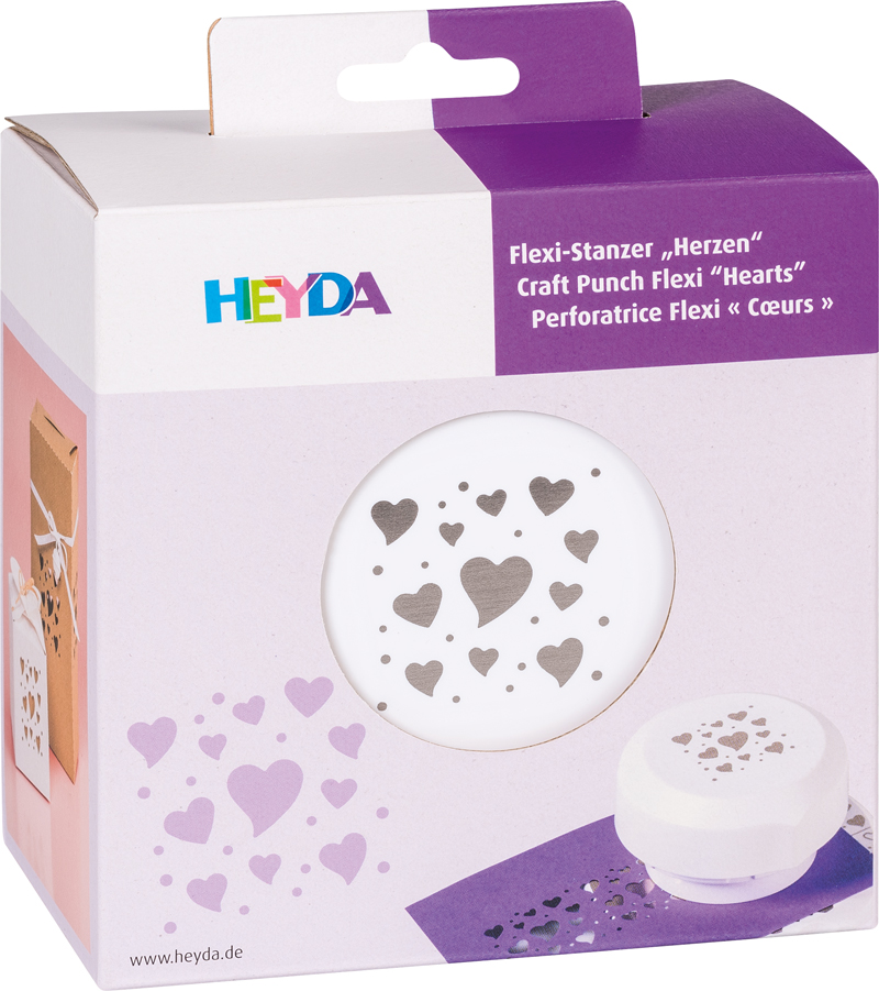 Verpackung für einen Flexi-Stanzer mit Herzmotiven. Die Box zeigt verschiedene Herzformen auf einem weißen Hintergrund.