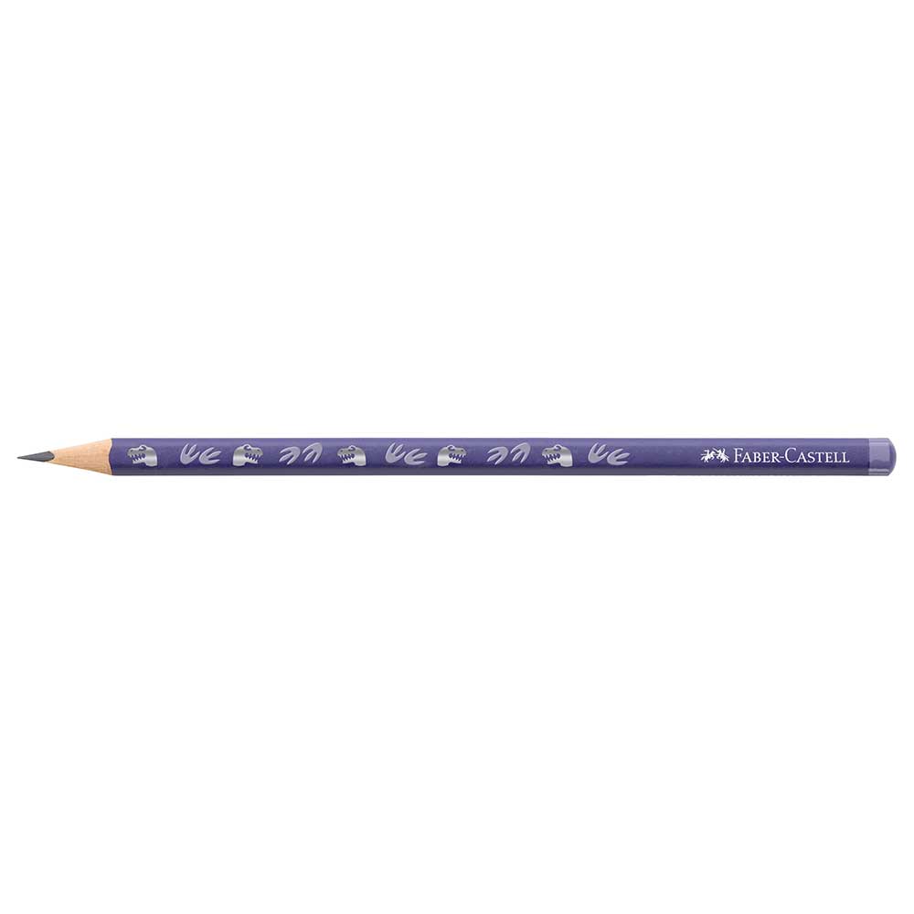 lila Bleistift mit grafischen Mustern. Spitze Holzmine, Faber-Castell Logo auf der Seite.