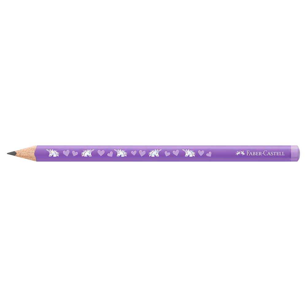 Lila Buntstift mit einem Einhorn- und Herzdesign. Der Stift hat eine spitze Mine.