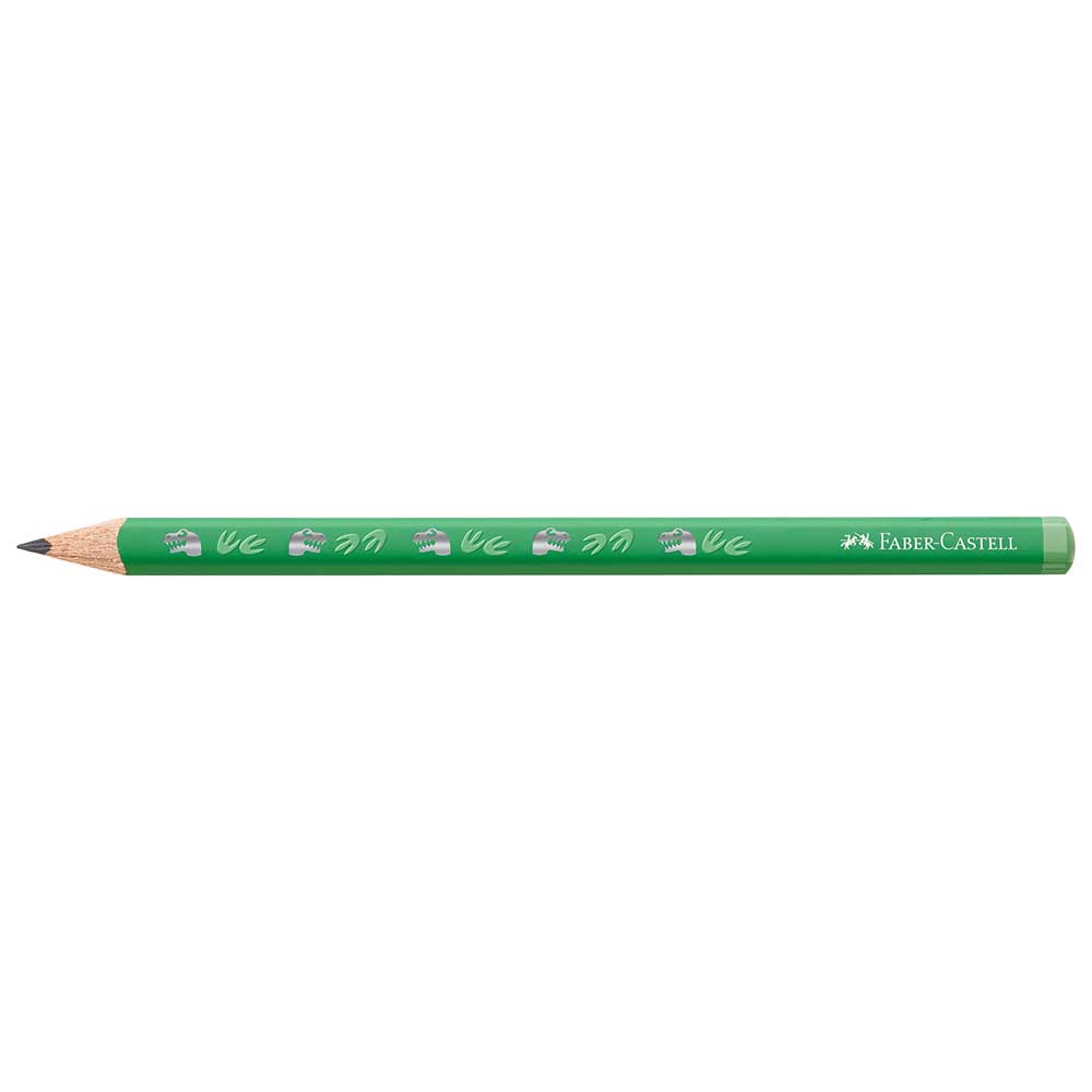 Grüner Bleistift mit schwarzer Mine. Auf der Oberfläche sind kleine, bunte Motive abgebildet.