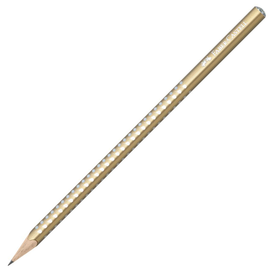 Ein goldfarbener Bleistift mit einer glatten Oberfläche. Der Bleistift hat eine spitze Mine.