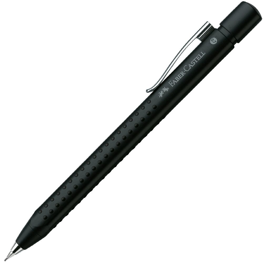 schwarzer Kugelschreiber von Faber-Castell. Mit rutschfester Oberfläche und Clip.
