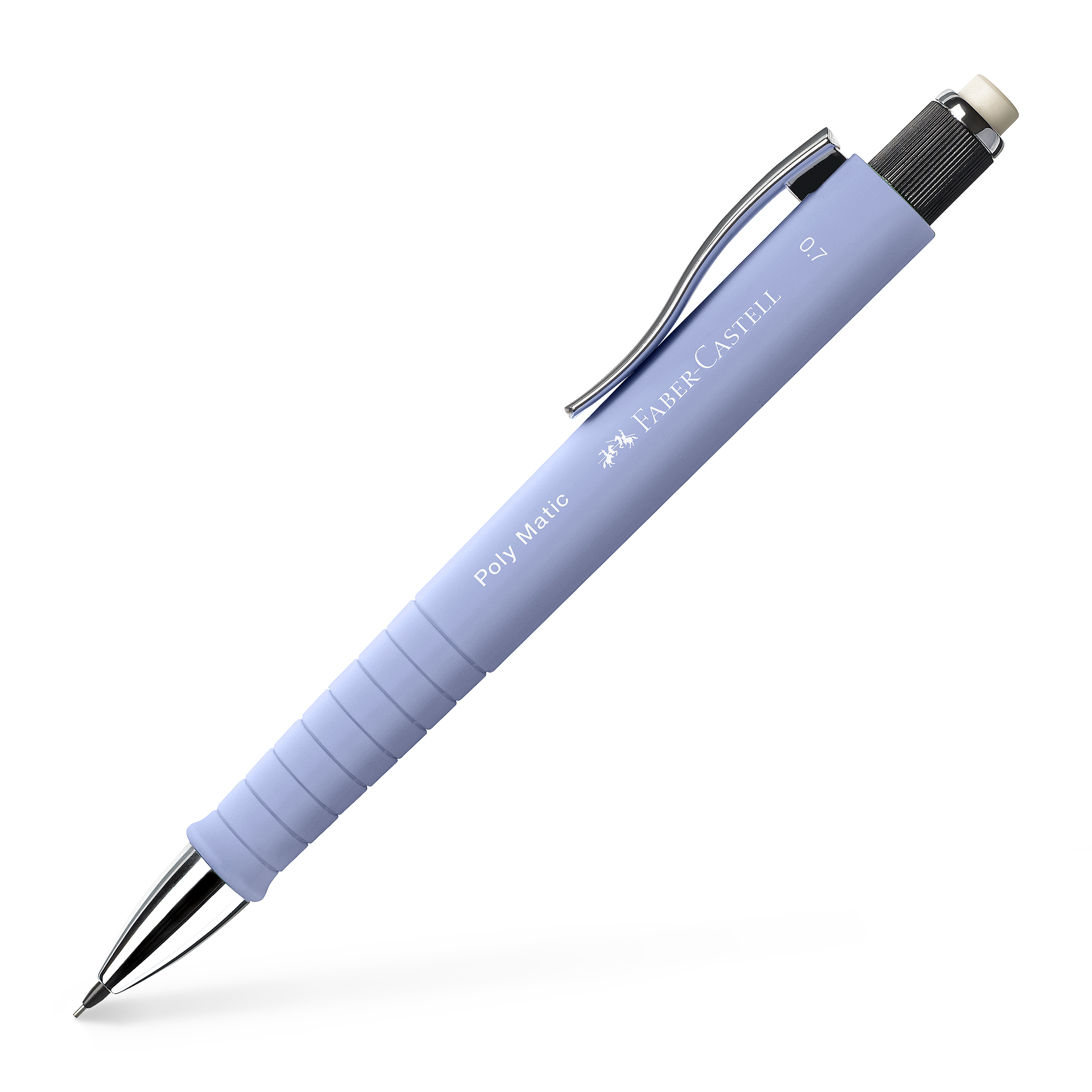 blauer Kugelschreiber mit gummiertem Griff. Metallclip und Spitze. Marke: Faber-Castell. Schreibstärke 0,7 mm.