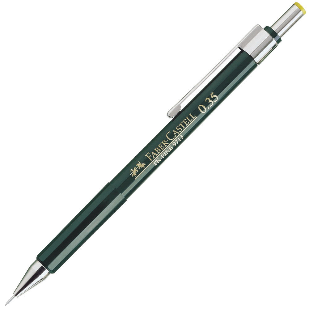 grüner Druckbleistift von Faber-Castell mit silberner Spitze. Die Mine hat einen Durchmesser von 0,35 mm.