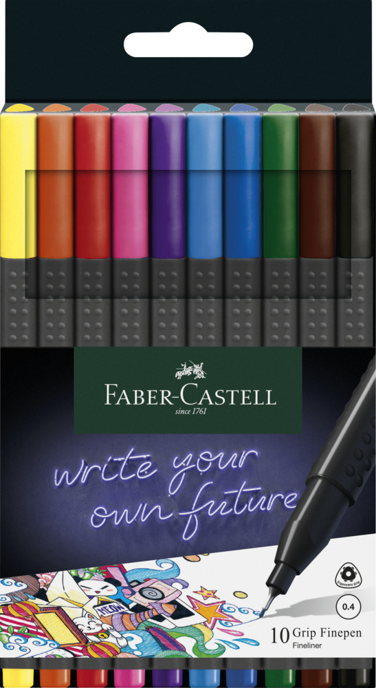 Packung mit 10 Faber-Castell Fineliner in verschiedenen Farben. Auf der Verpackung steht 'write your own future'.