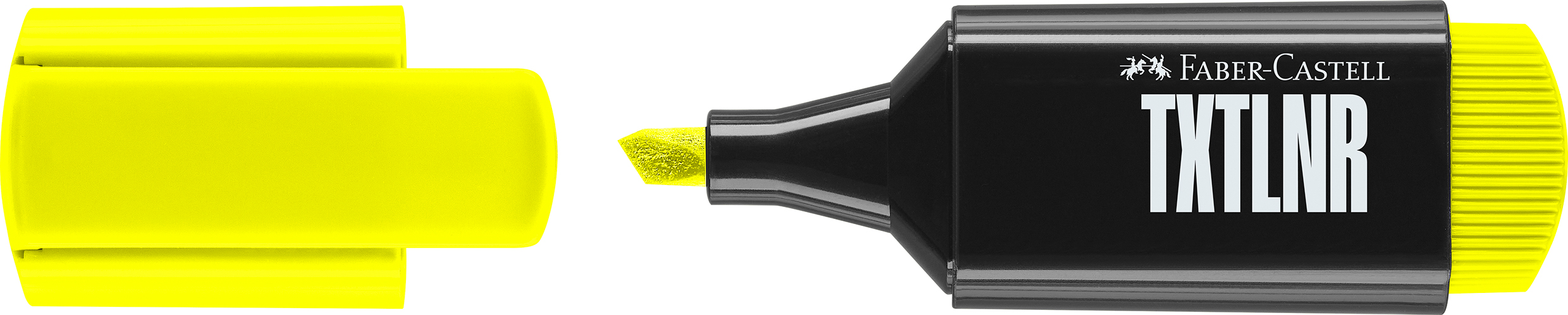 Gelber Textmarker mit abgerundeter Spitze. Der Deckel ist ebenfalls gelb.