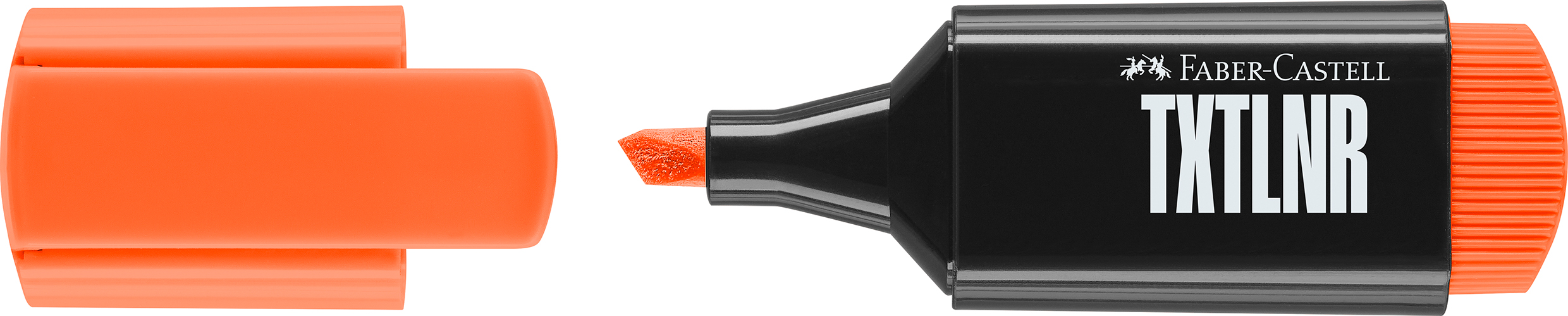 Oranger Textmarker von Faber-Castell. Kappe abgenommen, Spitze sichtbar.