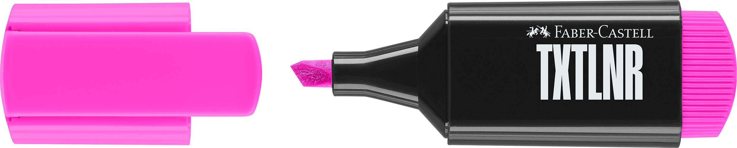 Faber-Castell Textmarker in leuchtendem Pink. Kappe und Spitze ebenfalls pink. Schwarzer Körper mit weißer Schrift.