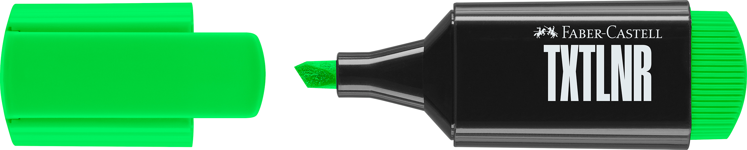 Grüner Textmarker mit einer spitzen Kante. Der Deckel ist ebenfalls grün.