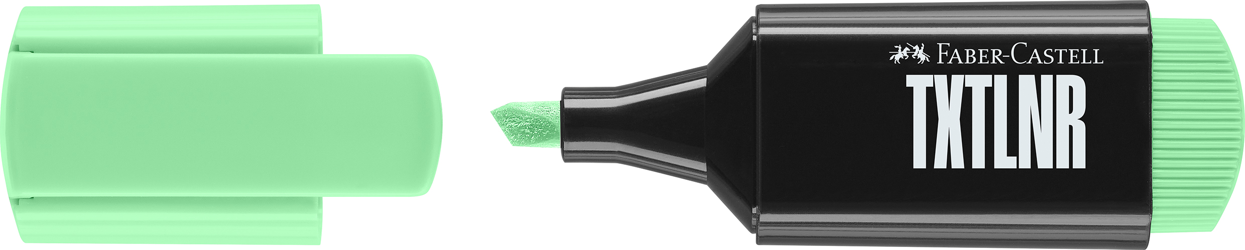 Grüner Textmarker von Faber-Castell. Kappe und Spitze sind in einem hellen Grünton.